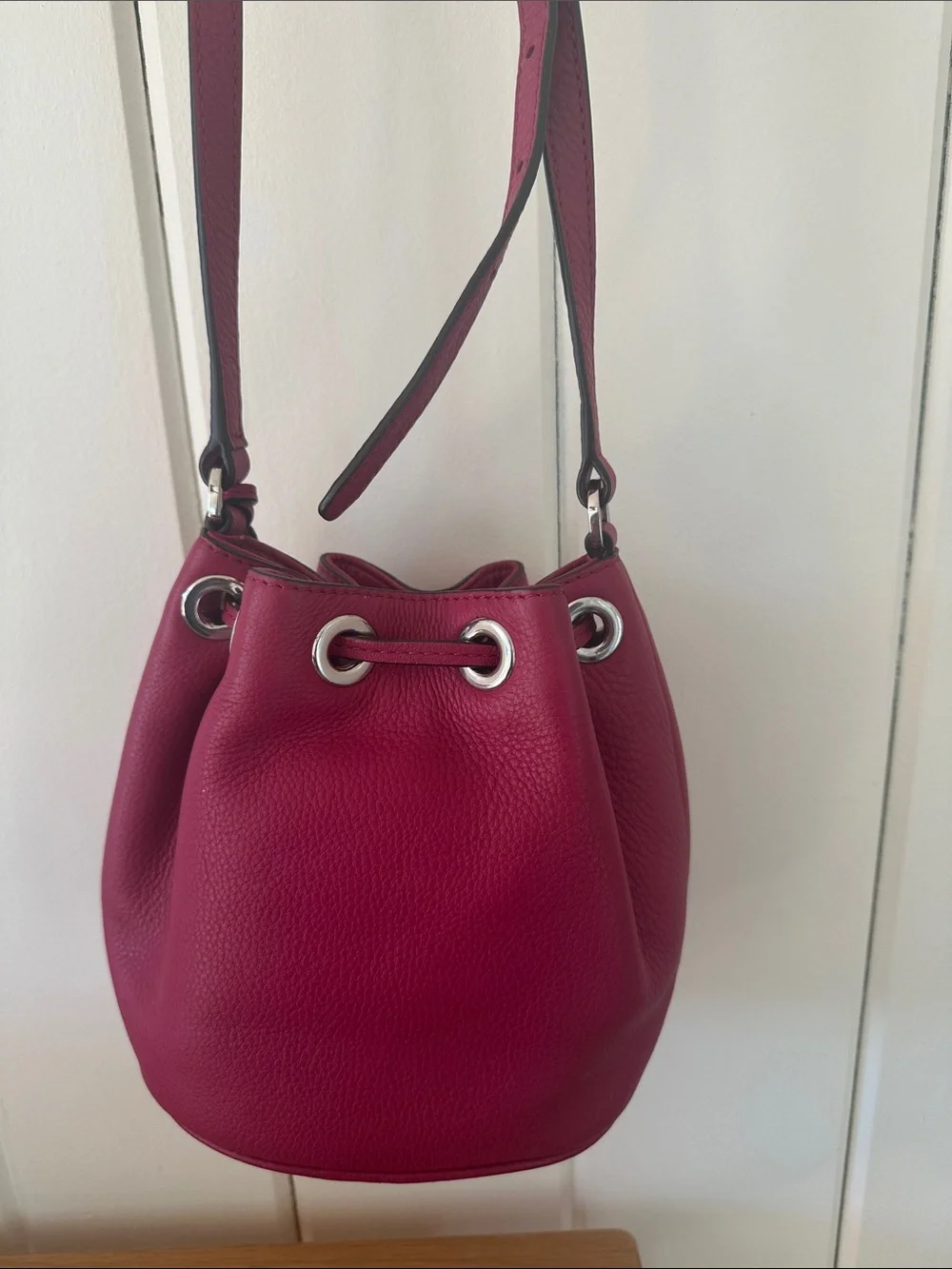 Michael Kors Fuchsia Leather Drawstring Crossbody Bucket Bag